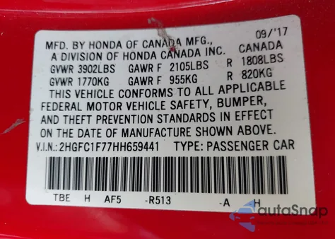 2017 Honda Civic Ex-L from USA, damaged, VIN 2HGFC1F77HH659441